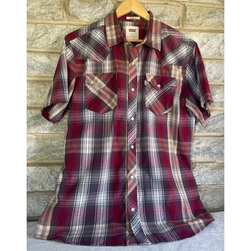 Levis Mens Plaid Short Sleeve Western Snap Shirt Red Grey Yellow Medium